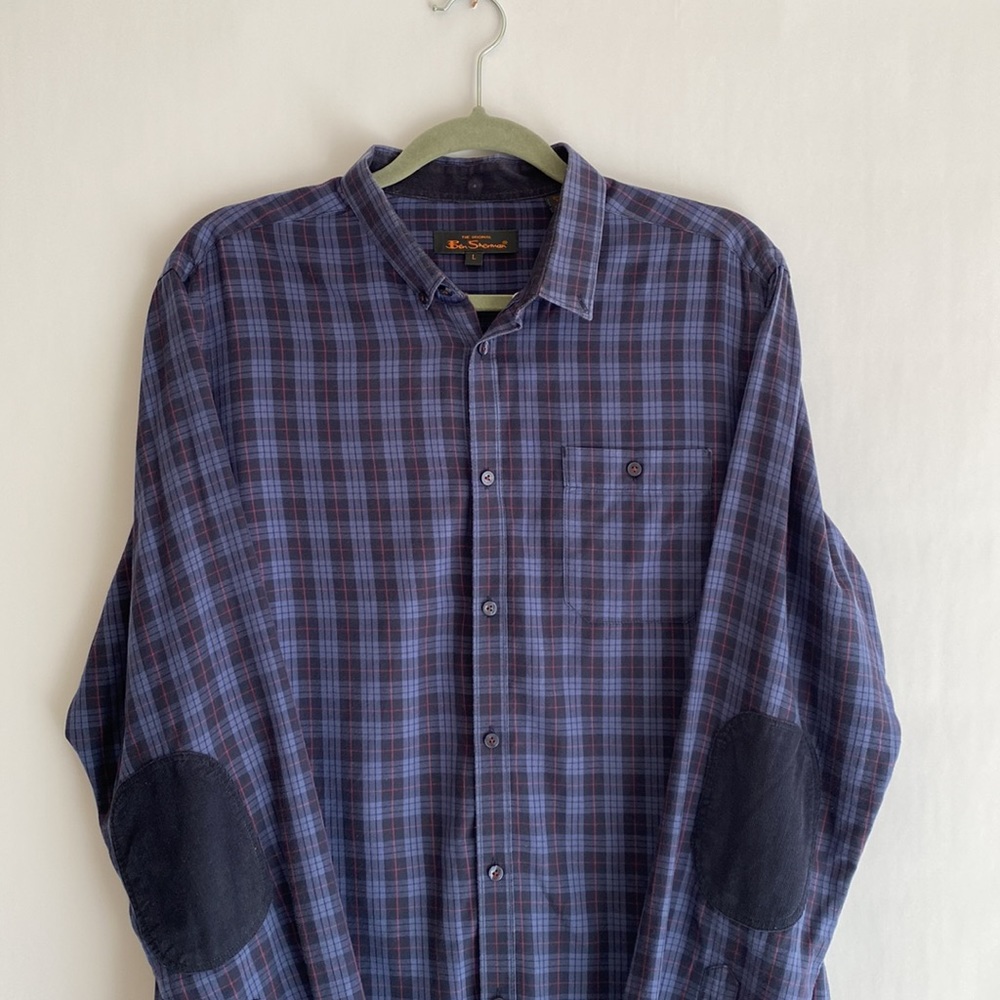 Ben Sherman Navy Blue Plaid Button Down with Corduroy Elbow Patches size L - Picture 3 of 8